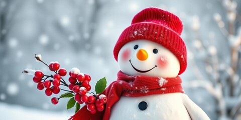Joyful snowman in red hat & scarf, holding winter berries against snowy backdrop,  card,  cute