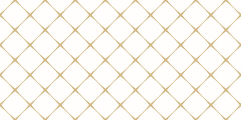 Diamond grid seamless pattern. Luxury gold and white geometric texture with diagonal crossing lines, square lattice, net, mesh, grill. Simple golden abstract minimal background. Repeating geo design