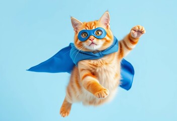 Orange tabby cat in blue superhero cape and mask leaps mid-air against light blue background,  cartoon,  superhero cat