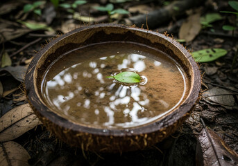 Coconut shell filled with water and a leaf floating on top, outdoors.