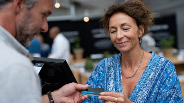 A woman in a blue patterned garment receives a card from a man, illustrating a warm and friendly exchange in a market setting that promotes community connection.