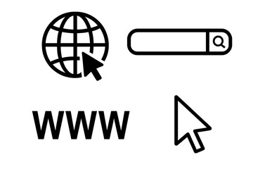 Abstract internet web icons set. Globe symbol with cursor pointer, search bar, WWW letters, mouse arrow pointer. Digital browsing, website, online search concepts. Black vector illustration isolated.