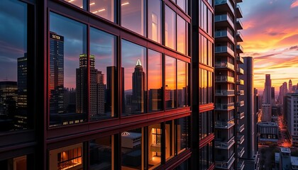 Modern apartment building with large windows reflecting city skyline,  design,  city