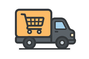 E-commerce delivery truck icon with shopping cart symbol, online shopping, retail logistics, fast shipping, package transportation, vector illustration, commercial application graphic