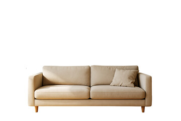 Beige fabric sofa with cushion in closeup, isolated style on clean white background, concept of furniture, lifestyle and interior design. Ai generative