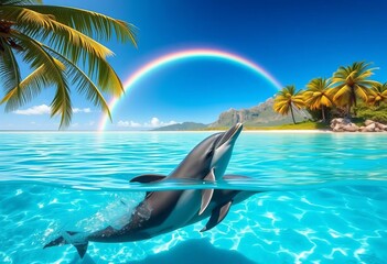 Two dolphins frolic beneath a rainbow, vibrant palms and mountains frame the crystal clear water,  tropical,   rainbow arc