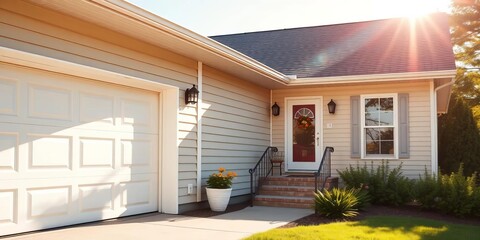 New home exterior, gleaming sunlight on freshly painted siding,  bright,  family home