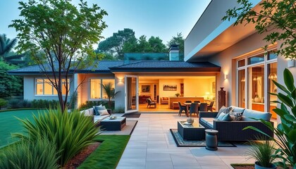 Modern family home with spacious patio, lush landscaping, grass, trees