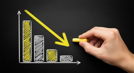 Hand drawing a downward trending bar graph with chalk on a blackboard, illustrating a decline in business or economic performance