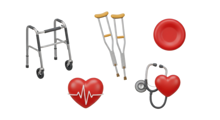 Medical equipment and heart symbols on transparent background isolated on a transparent background
