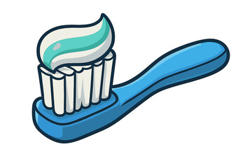 Cartoon blue toothbrush with toothpaste, dental hygiene icon, oral care concept, tooth brushing symbol, vector illustration, health wellness clipart, transparent background graphic, dentist app asset