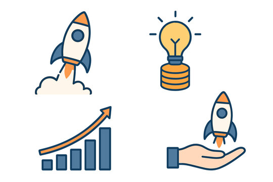 Startup business concept vector illustration. Rocket launch, idea, innovation strategy symbols. Successful business project start up, entrepreneurship, tech boost, growth, investment, creative design.