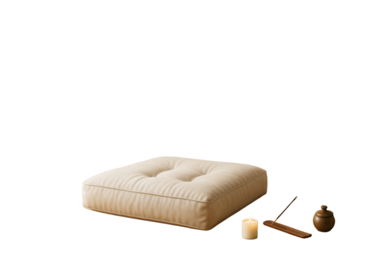 Meditation cushion with burning incense stick, wooden holder, candle, and small jar in clean lifestyle layout on white background. Ai generative