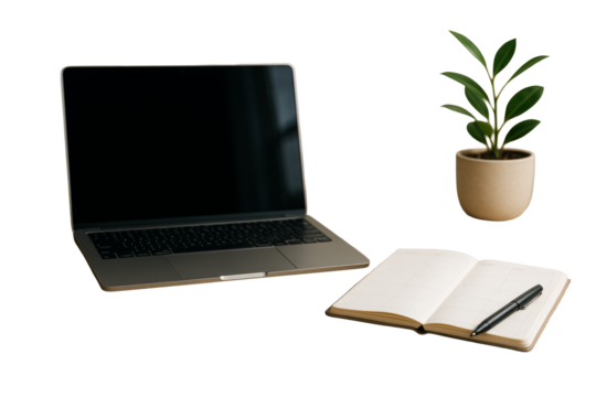 Laptop, open planner with pen, and potted plant isolated on white background, clean minimal layout concept for lifestyle and productivity. Ai generative