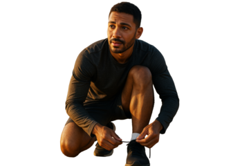 Fit young man in dark sports outfit crouching and tying shoelaces, isolated on white background, concept of healthy lifestyle preparation. Ai generative