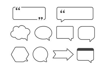 Speech bubble callout template collection. Quote box, blank chat, cloud, arrow, rectangle, hexagon shapes. Vector outline set for infographics, web design, brochure, text, communication concepts.