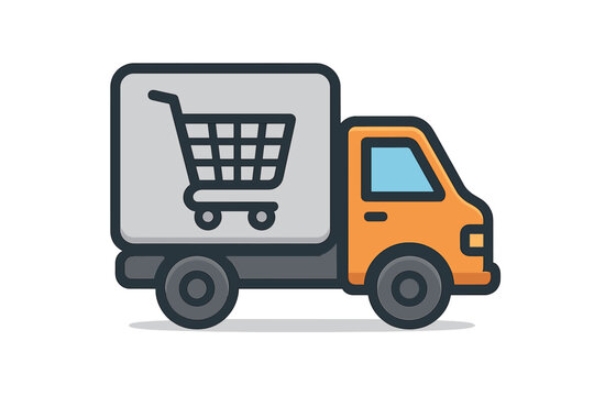 Delivery truck with shopping cart icon, online store shipping, e-commerce delivery service, vector cartoon illustration for apps, logistics concept, transparent background design, package transport