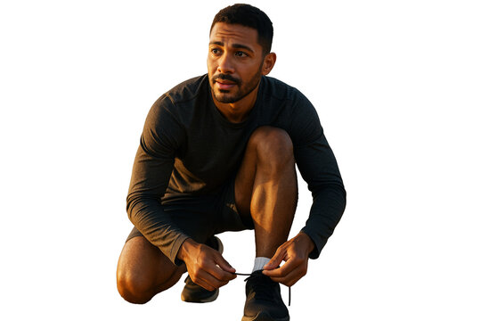 Fit young man in dark sports outfit crouching and tying shoelaces, isolated on white background, concept of healthy lifestyle preparation. Ai generative
