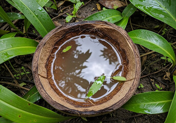 A halved coconut shell filled with rainwater reflecting the sky, resting on a bed of vibrant green leaves in a natural setting.