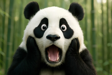 Obraz premium A panda with wide eyes and mouth open in funny shocked, holding its face with its paws against a bamboo forest backdrop.