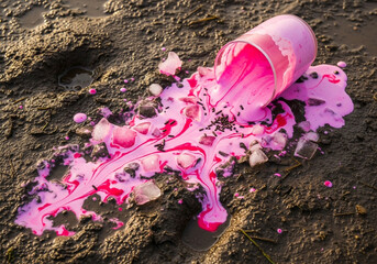 A spilled cup of pink liquid with ice cubes on muddy ground.
