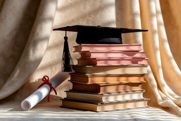 Graduation hat and diploma with book on table