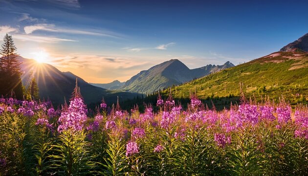 Wildflower Of Fireweed Chamaenerion Angustifolium Over Mountain Range Blossom Of Willowherb Flowers Fireweed Flower Herbal Tea Crop - Powered by Adobe
