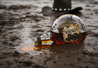 A whiskey bottle lies on its side in the mud near a cowboy hat.
