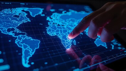  Close-up shot of a fingertip gently touching a glowing touchscreen displaying a vibrant vector world map.