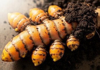 A close-up shot of a fresh turmeric rhizome with its vibrant orange flesh and dark brown soil clinging to its surface.