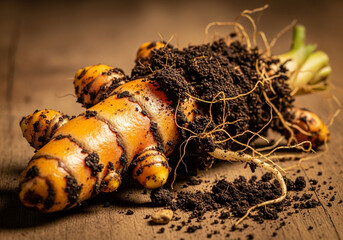 Close-up shot of fresh turmeric root with soil, showcasing its vibrant orange color and texture.