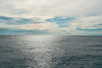 Serene ocean horizon, tranquil water reflecting soft clouds, perfect for relaxation themes or inspirational quotes.