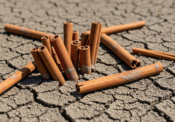 A pile of cinnamon sticks scattered on dry, cracked earth, suggesting drought or arid conditions.