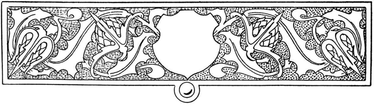 Vintage rustic distressed hand drawn decorative border, white blank shield shape with holly leaves and floral shapes, textured background, rough antique printed lines, black and white engraving style.