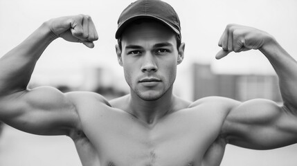 Strong shirtless man flexing arms outdoors