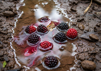 Blackberries and red raspberries floating in a muddy puddle with red juice seeping into the water, creating a vibrant natural scene.
