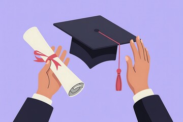 Male hands with graduation hat and diploma on lilac background