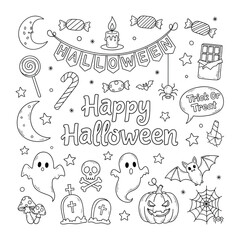 Spooky Halloween doodles: A playful collection of Halloween doodles in black and white, perfect for coloring, featuring ghosts, pumpkins, candy, and spooky symbols.