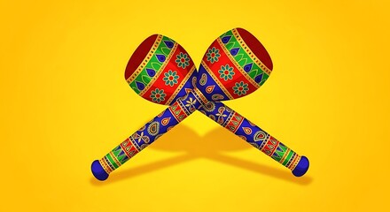 Vibrant Traditional Indian Dandiya Sticks on Yellow Background