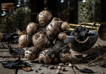 Earthy ginger roots and a dark herbal paste arranged on a rustic wooden table in an apothecary.