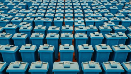 Rows of small blue recycling bins form a geometric pattern,  plastic,  containers