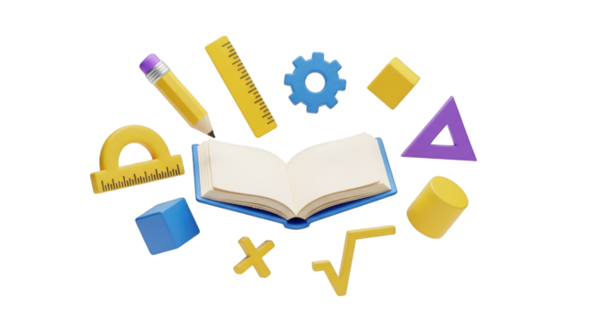 Open book and math tools scattered around isolated on a transparent background pencil ruler