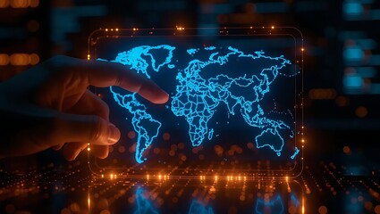  Close-up shot of a fingertip gently touching a glowing touchscreen displaying a vibrant vector world map.