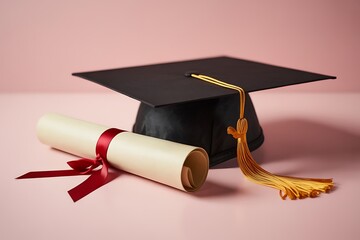 Graduation Cap and Diploma on pink background.