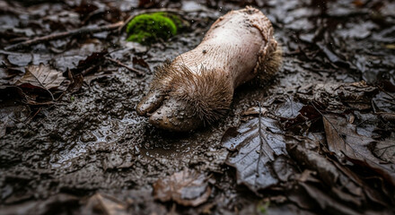 A muddy animal hoof lies on the ground in a forest setting.