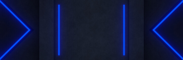 3d Geometric black concrete background with blue neon lights