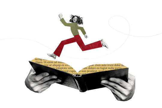 Composite photo collage of happy girl run hurry open book page student exam preparation bookworm hobby isolated on painted background