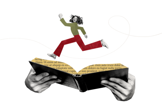 Composite photo collage of happy girl run hurry open book page student exam preparation bookworm hobby isolated on painted background - Powered by Adobe