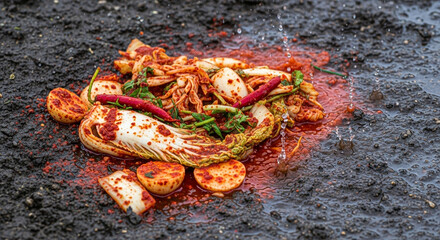 A pile of freshly made spicy Korean kimchi with chili peppers and radishes on a dark, earthy surface.