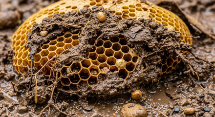 A close-up view of a damaged honeycomb partially submerged in mud, with some cells containing larvae.